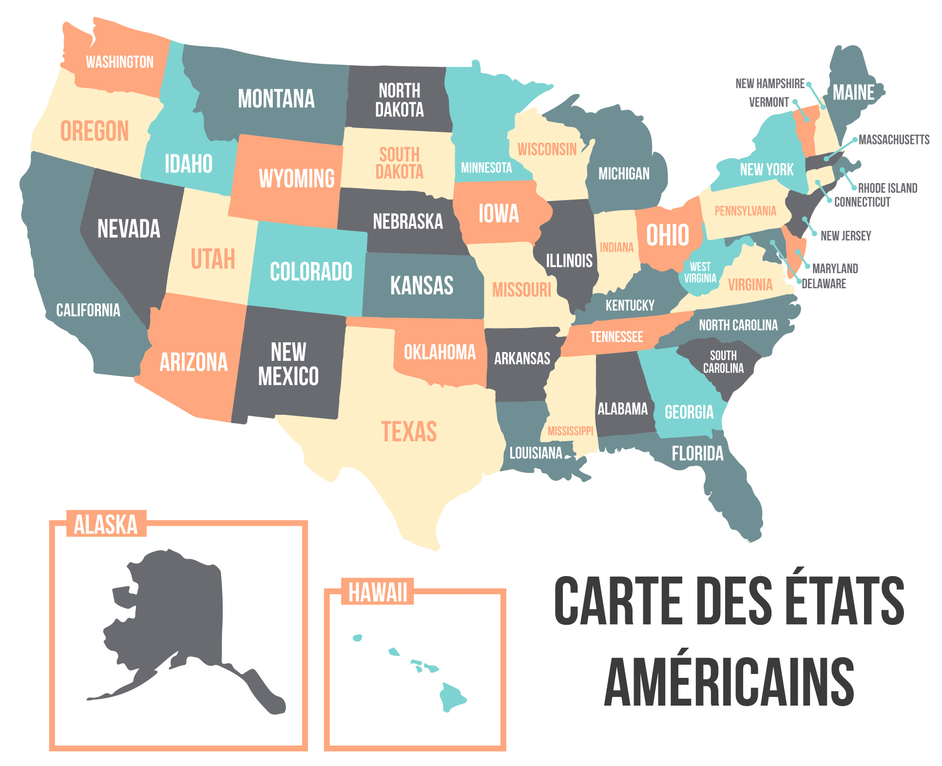 Carte des états américains en couleur