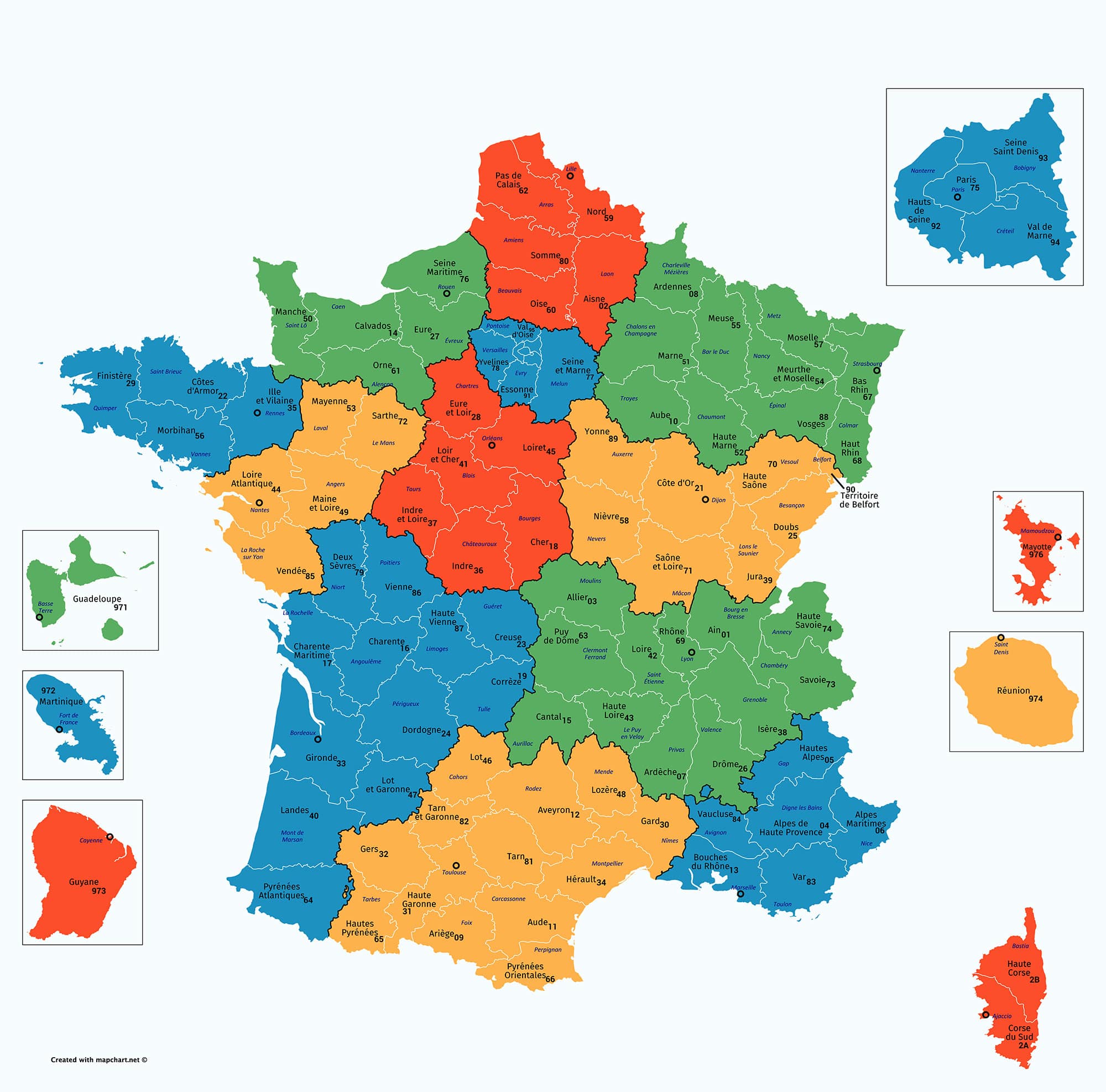 Carte des départements français en couleur et par région